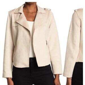 NWT T Tahari Bone White Faux Leather Crop Moto Suede Style Jacket Size Medium